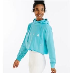 Zyia Active Raw Edge Crop Hoodie Womens M Sky Blue Embroidered Casual Athleisure